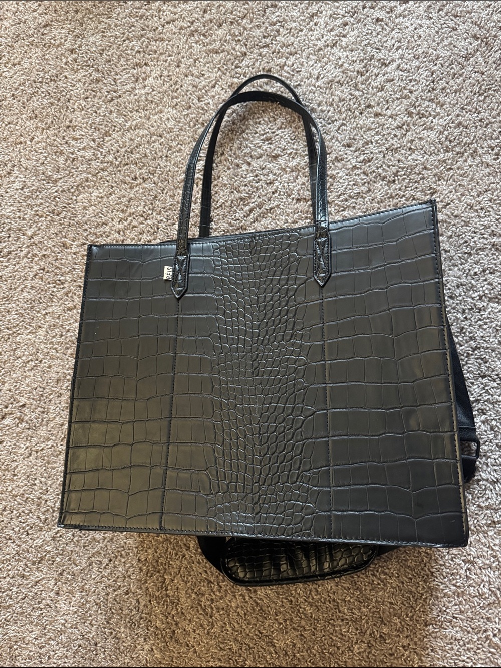 Beis Travel - Black Croc-Embossed Large Work Tote Bag - Women’s Shoulder Carry